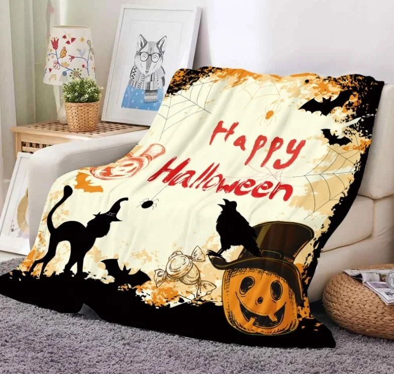 Promotional Witch Halloween Pumpkin Digital Print Soft Flannel Sherpa Lining Blanket