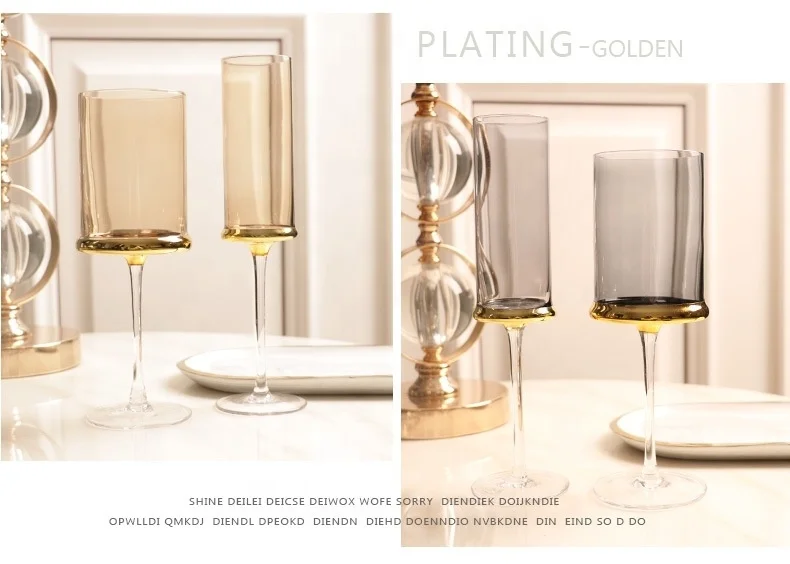 Amber Straight Square Plating Crystal Champagne Flutes Glass Wine Goblet Glasses