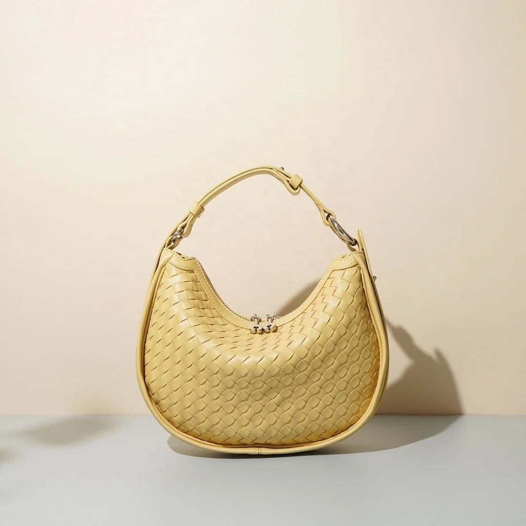 fashion lady real leather woven round moon hobo hand bags with adjustable handle for women elegant braided sling shoulder bag