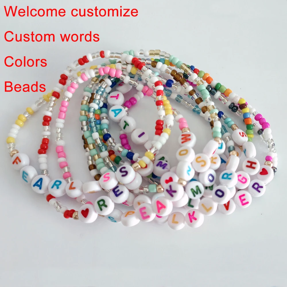 New Custom Inspirational Bracelet Colorful Beaded Word Bracelets Glass Bead Friendship Bracelet for Women Girl