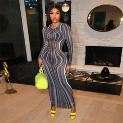 2021 Fall Clothing Breathable New Style Women Slim Fitted Printing Long Sleeve Mesh Maxi Dresses Sexy Transparent Striped Dress
