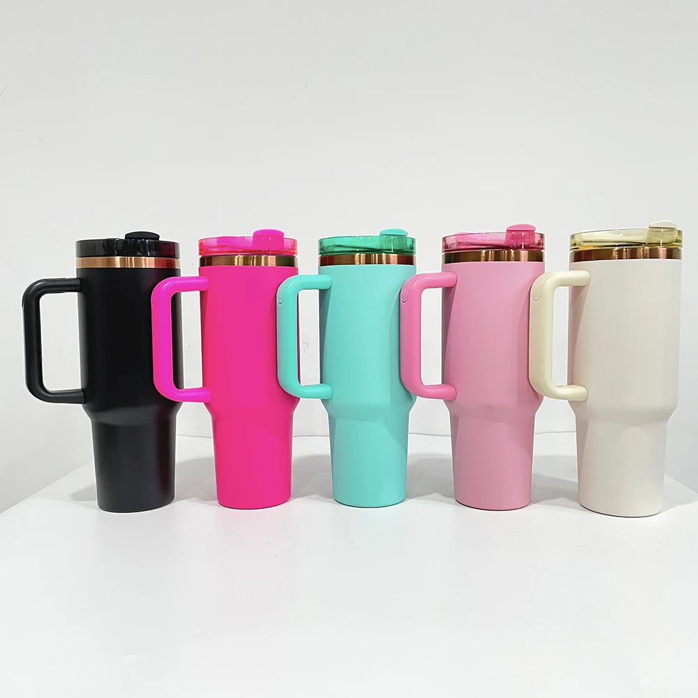 Laser Engraved H2.0 40oz Copper Tumbler Powder Coated Black Cream 40oz Tumbler With Handle Stainless Steel Camping Cup