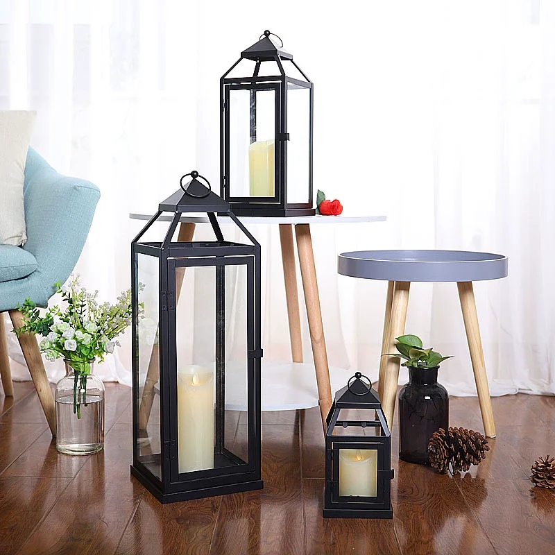 Beeman Black Iron Framed Metal Candle Holder Glass Panels Metal Lantern Candle Lantern For Home Wedding Decoration