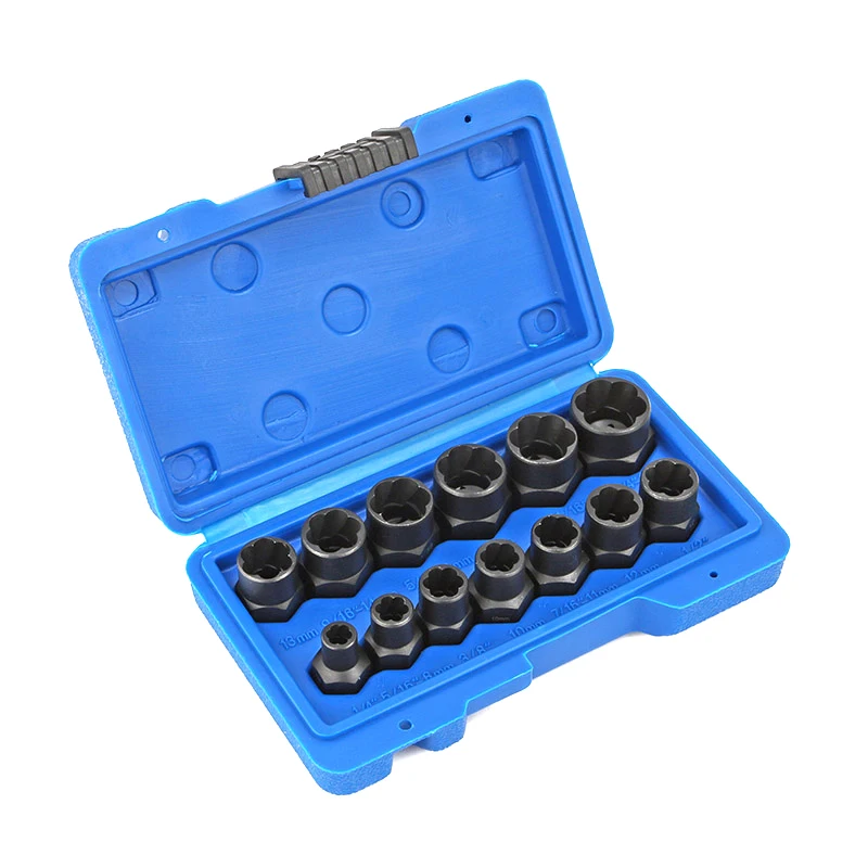 13Pcs 3/8 Impact Damaged Bolt Nut Remover Extractor Socket Tool Set in Plastic Box