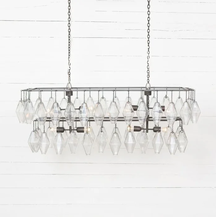 Grand Waterfall Rectangle Chandelier 52 Iron and glass in a Gold Leaf or Antique Iron finish Adjustable hanging height