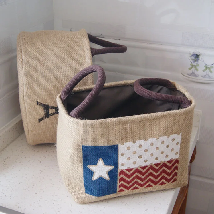 Factory direct sale rectangular and oval clothes toy storage box organizer fabric linen jute printed storage basket with carry h