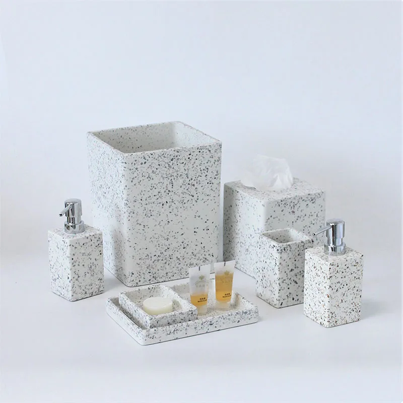 2021 factory price  luxury custom logo sand stone resin tissue box soap dispenser 6 pcs piece bathroom accessories sets