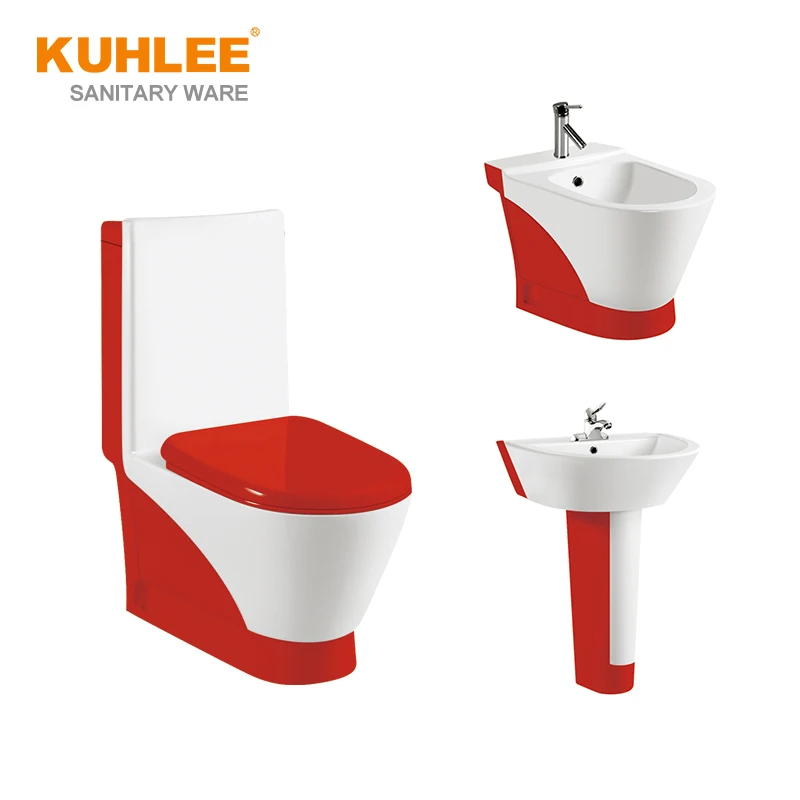 Popular Ceramic Sanitary Ware Sets Colored Toilet Pedestal Basin Sets Bathroom Elegant Red Colors Toilet Bowl Set