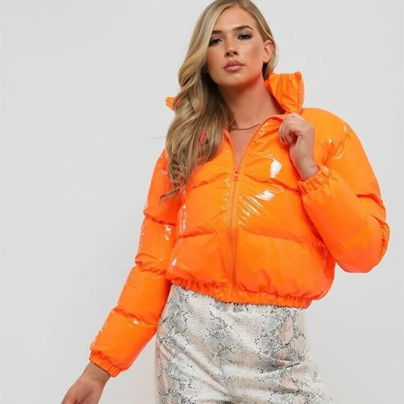 stock 2021 new glossy PU leather bread cropped long sleeve zipped Bubble winter coat down puffer jacket for