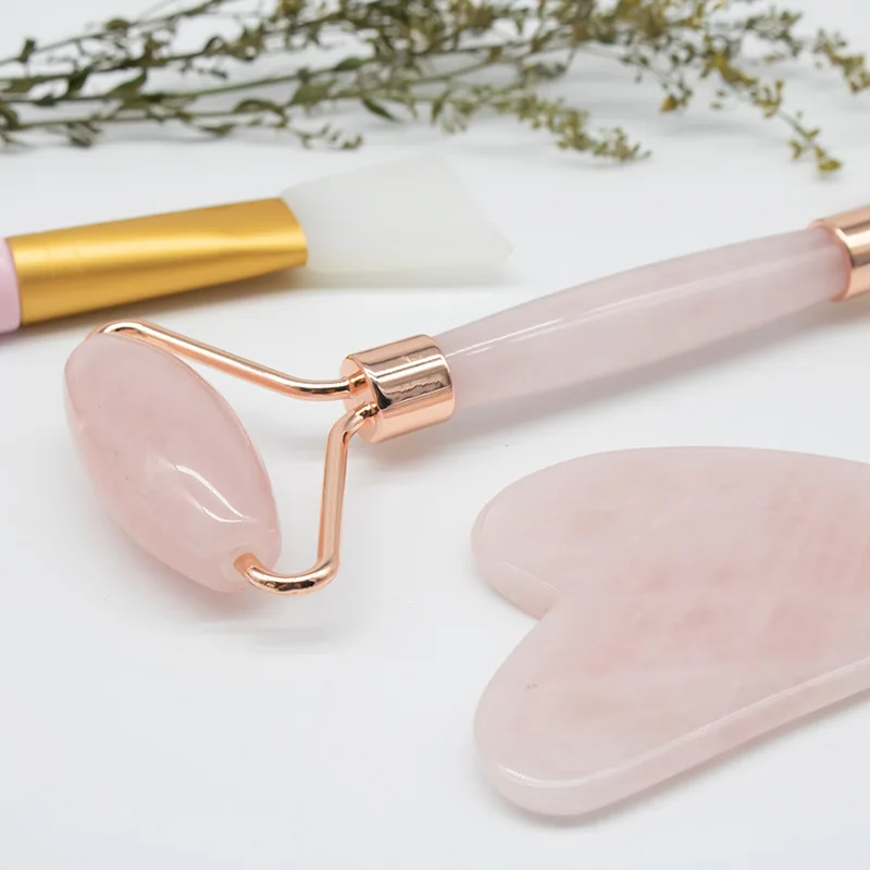 Factory Price Pink Crystal Roller Jade Massager Pink Crystal Heart-Shaped Scraper Face Film Brush 3-Piece Gift Set