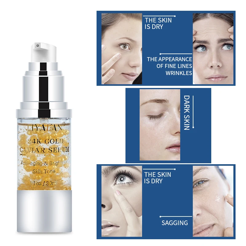 Private Label Anti Wrinkle Facial Skin Care Whitening Natural 24k Gold Caviar Serum Organic Collagen Face Essence