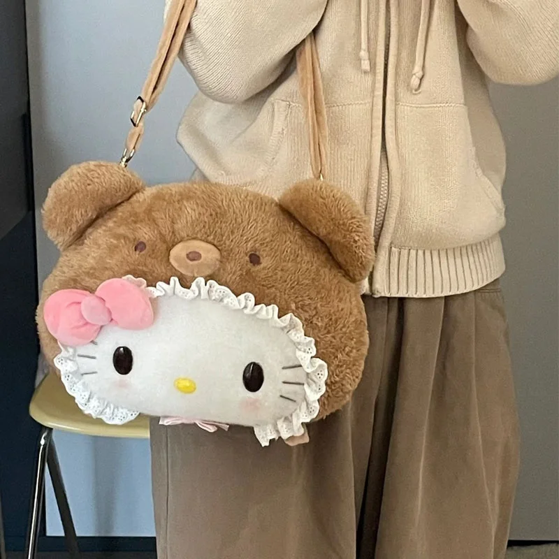 RuunJo Kawaii Fluffy Y2k KT Plush Shoulder Bag for Women Little Cat Shaped Cute Cartoon Plush Doll Handbag Storage Crossbody Bag