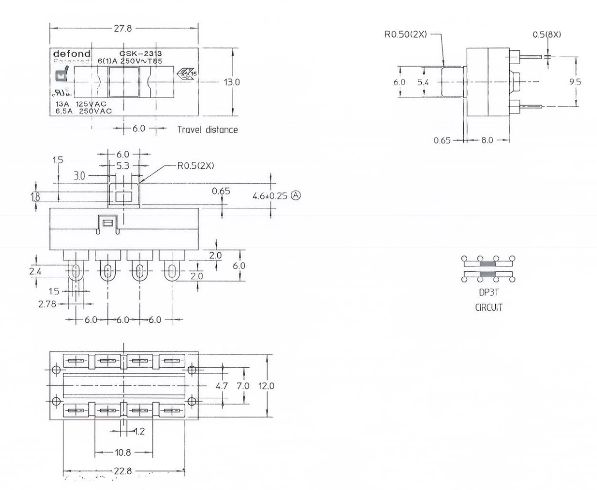 Defond CSK-2313-03 6A 250V AC DP3T 8PIN t85 1e4 3-позиционные слайд-переключатели 3-позиционные Скользящие переключатели