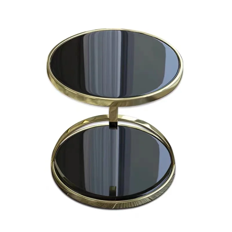 Double deck round small coffee table gold metal living room luxury black tempered glass side table
