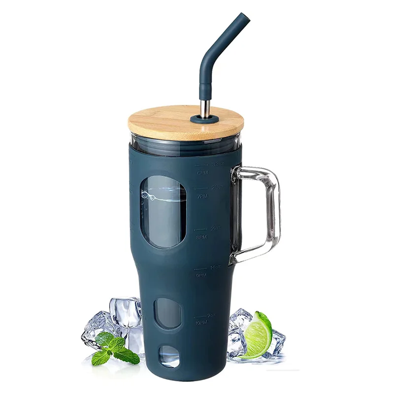 JM-K 2023 New Style 32Oz Borosilicate Glass Mug With Time Marker Tumbler Bamboo Lid and