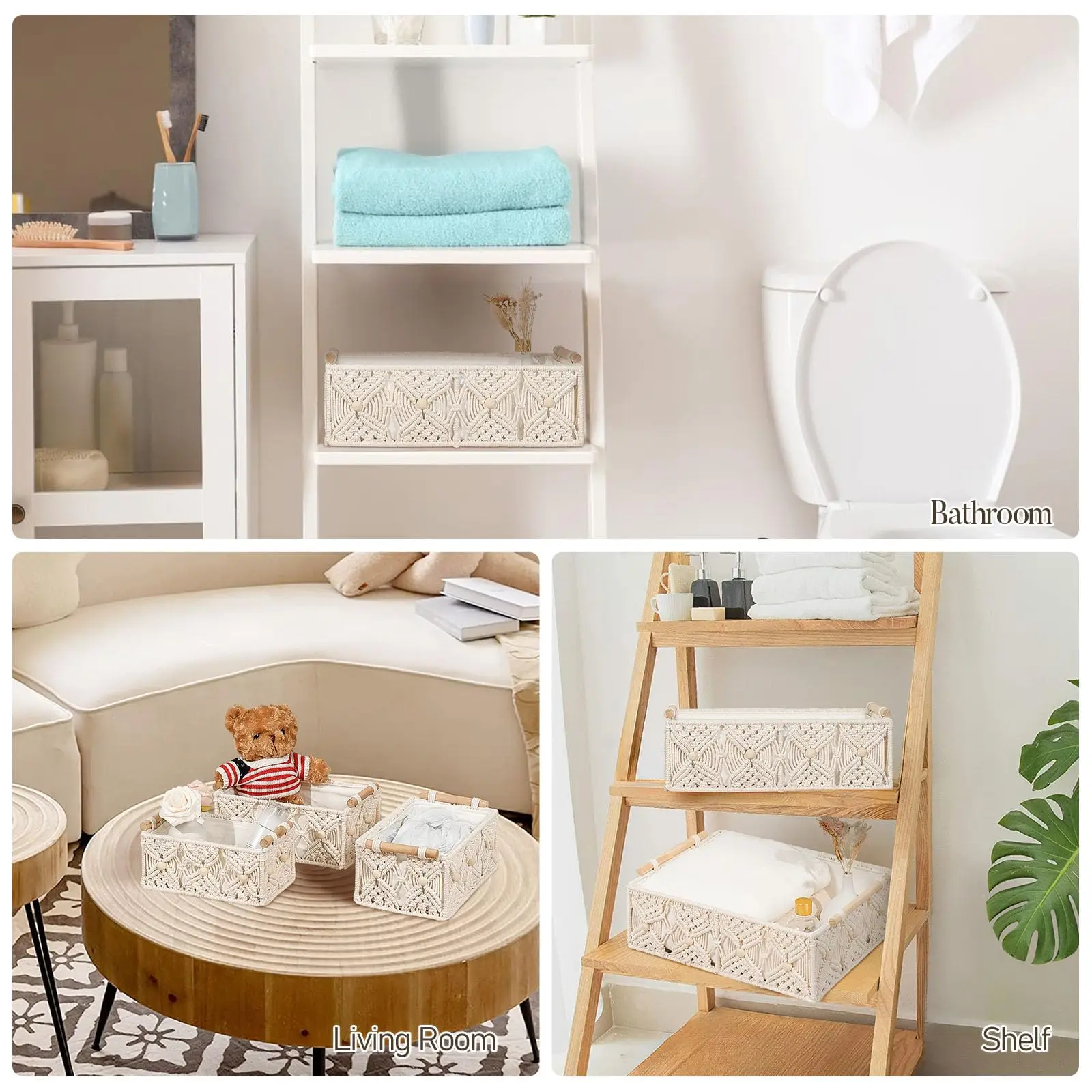 Macrame Storage Baskets Sets 2 Handmade Woven Cotton Rope Storage Bins Decorative Boxes with Wood Handlesfor g