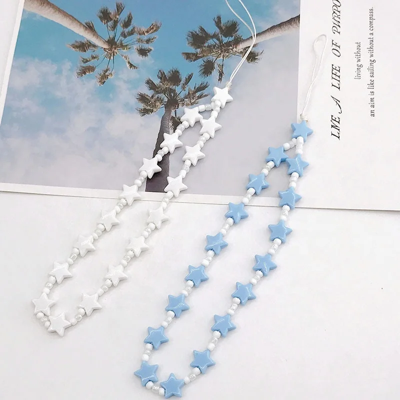 White Beads and star shape Mobile Phone Strap Lanyard bts phone  beads chain charm For Women