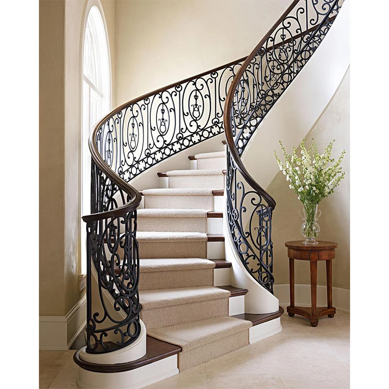Alucasa luxury custom stair case balusters hand forged antique steel scrolls design security wrought iron railing