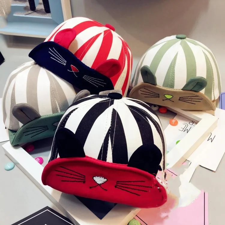 
Well-Liked Childlike Colorful Cat Ear Soft Brim Stripe Children Acrylic Baseball Hat 