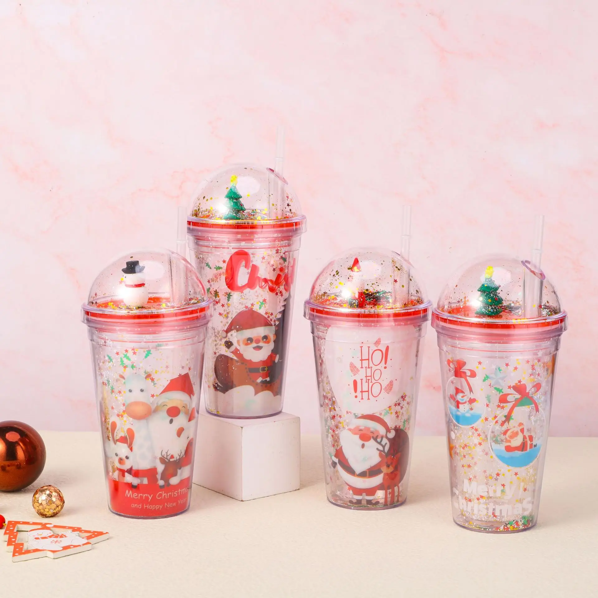 BPA Free 450ML double walled tumbler with straw Christmas Gift Cup Spot Creative Flash Pink Summer Ice Plastic Straw Cup