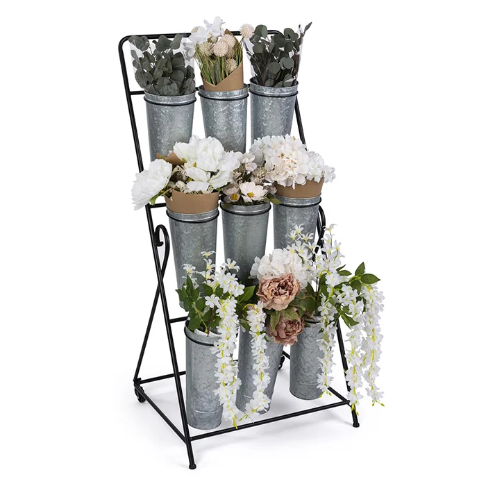 Rolling Flower Display Rack Galvanized Buckets & Plastic Liners  Silver Flower Shelf