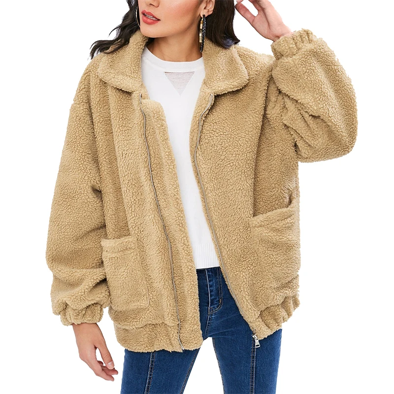 Winter Ladies Camel Brown Fluffy Plush Jackets Fashion Long Sleeve Zip Up Teddy Faux Fur Coat