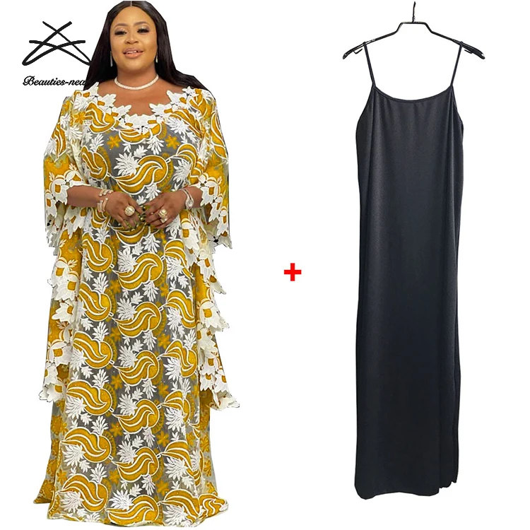 2021 New African Lace Loose Plus Size Dresses For Women Ankara Muslim Embroidery Wedding Party Maxi Kaftan Abaya Dress