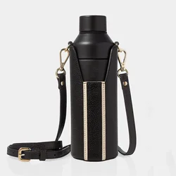New Luxury Portable Wearable Leather Water Bottle Sleeve Carrier Bag Leather Holder Sleeve With Shoulder Strap