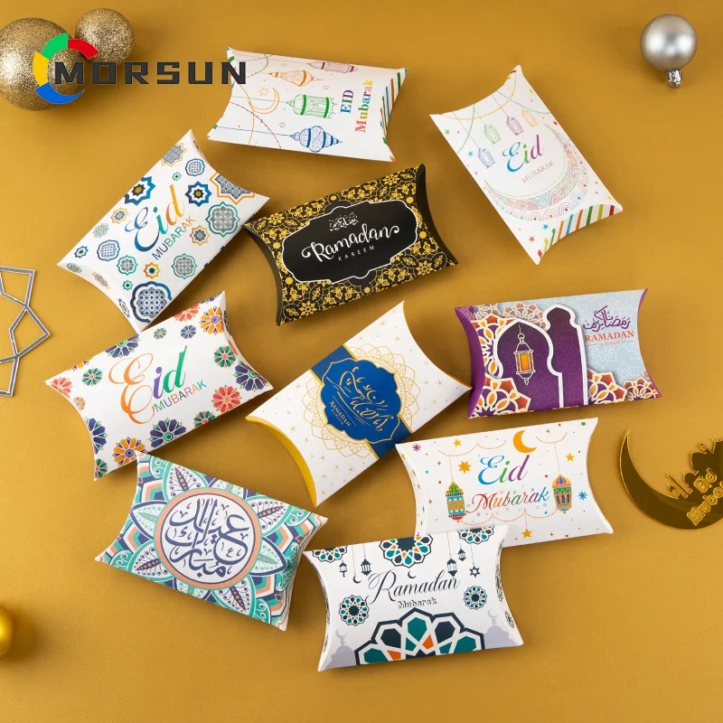 MorSun Muslim Candy Pillow Boxes For Handmade Cookie Packaging EID Mubarak Islamic Festival Party Decoration Supplies