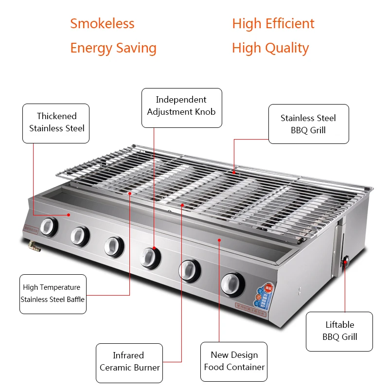 6 Burners High Efficient Infrared Burner Barbecue Grill Commercial Outdoor Smokeless Gas BBQ Grills