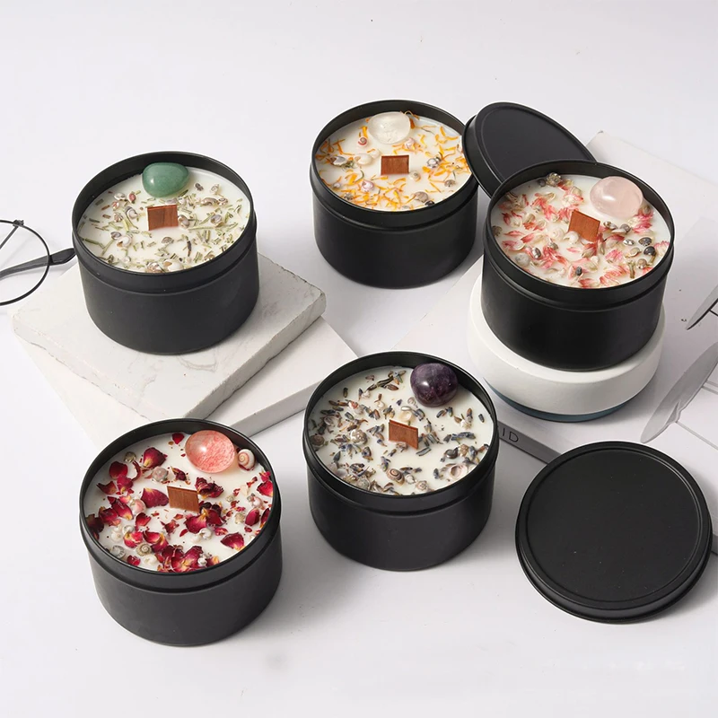 metal black tin jar scented candle with dried flower and crystal decoration flower wedding favour candles