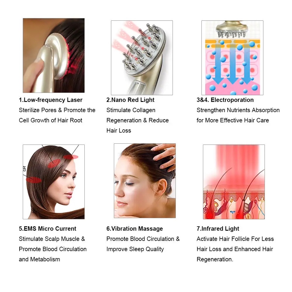 7 IN 1 Hair Care Scalp Massager Brush Infrared Red Light Therapy RF EMS Vibration Hair Growth Massage Comb