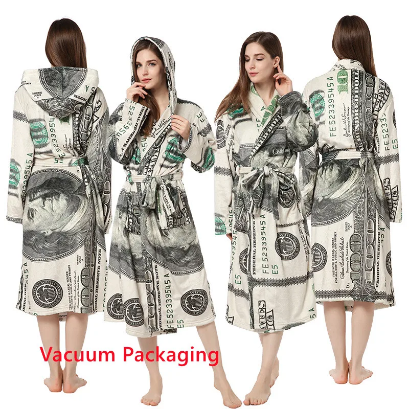 designer pyjamas women OEM ODM Wholesale Custom Winter Dollar Printed Long Robe With Hoodie Comfy Warm Flannel Pajamas
