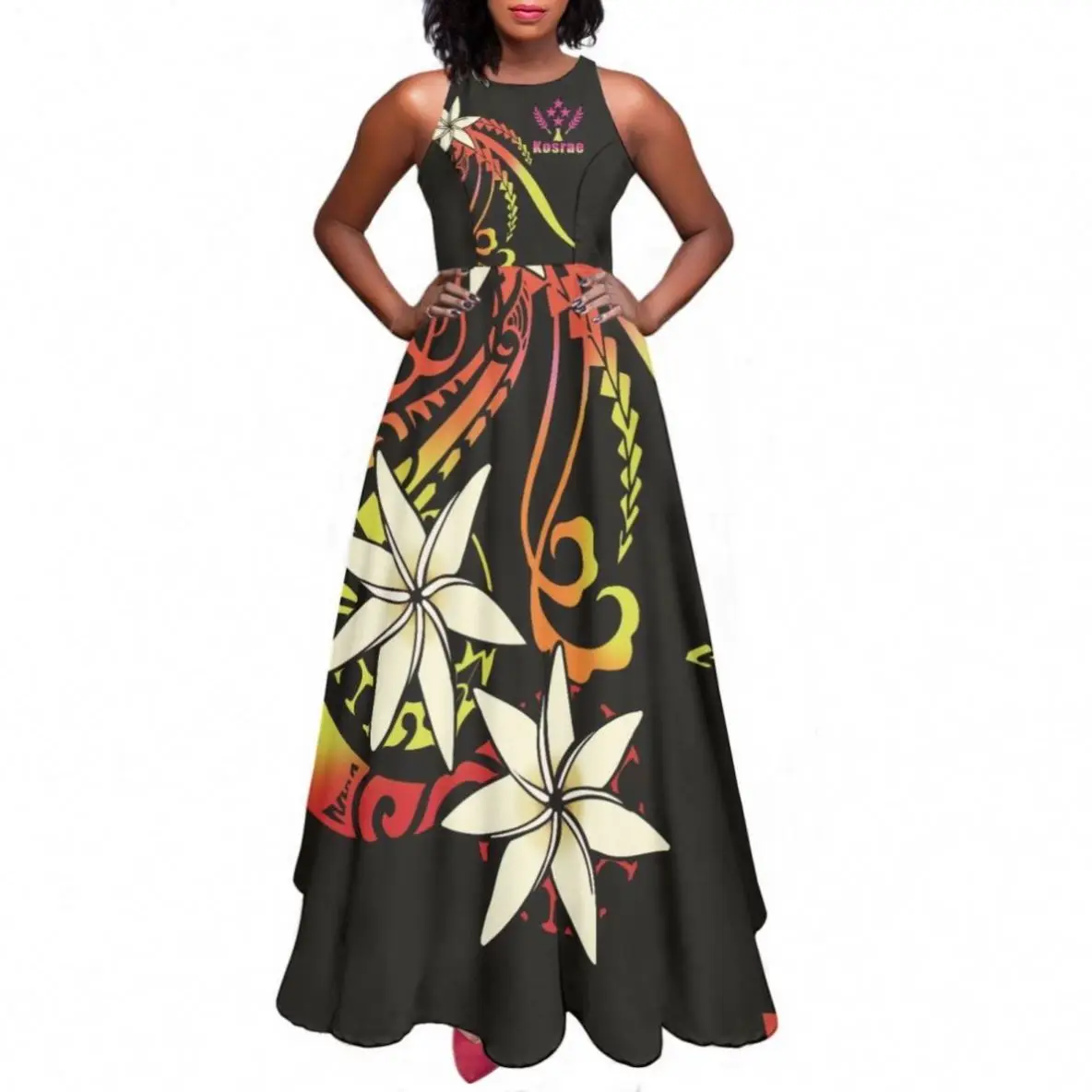 Personalised 2023 Girls Party Dresses Women Long Evening Kosrae Flag In Polynesian Tattoo Style Sleeveless elegant Clothes