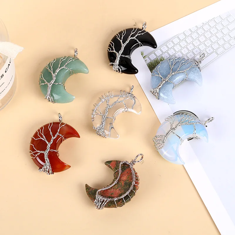 Natural Raw Crystals Amethyst Moon Stone Pendant Necklace For Women Chakra Tree Of Life Pendant Charms For Jewelry Making /