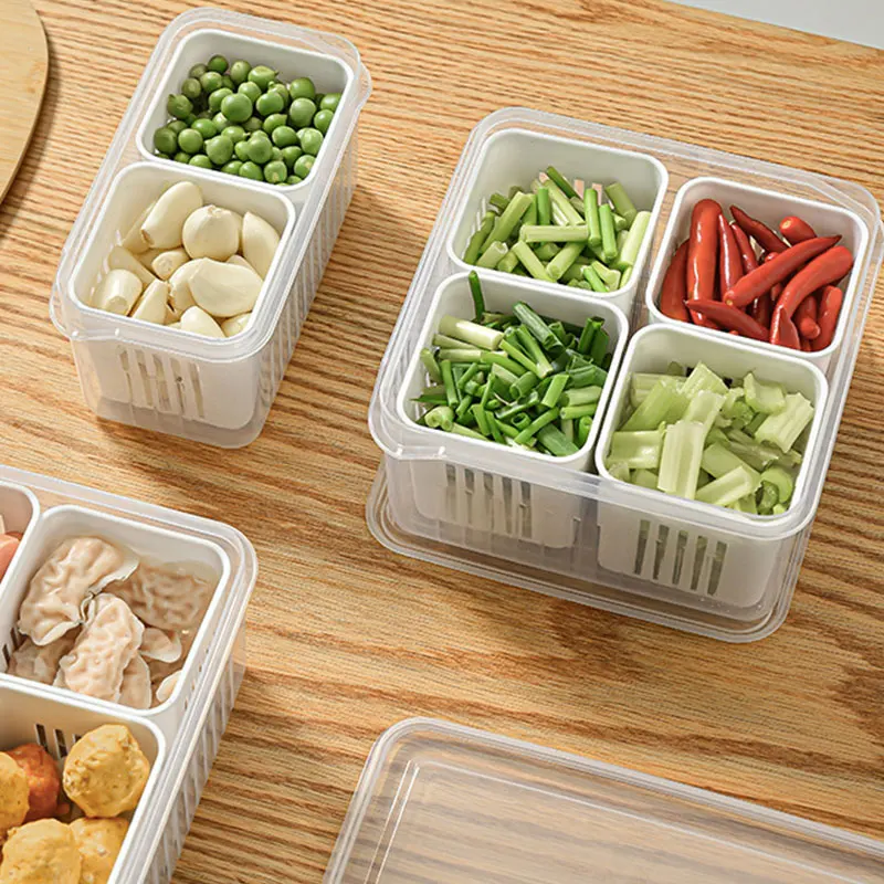 2-9 Divided Storage Boxes for Fridge, Multifunction Fridge Plastic Storage Preservation Box with Draining Baskets