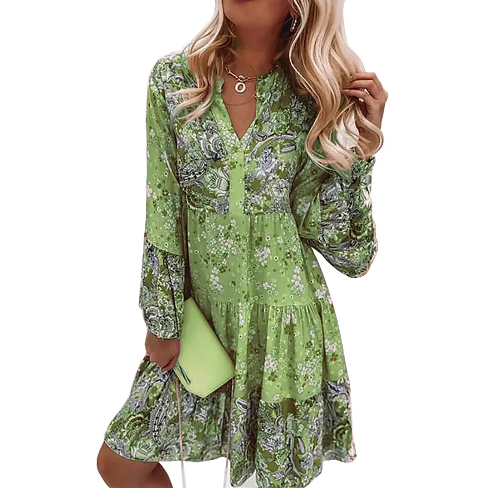 2023 new hot selling spring and summer V-neck floral stitching printed skirt cropped sleeve layered mini dress