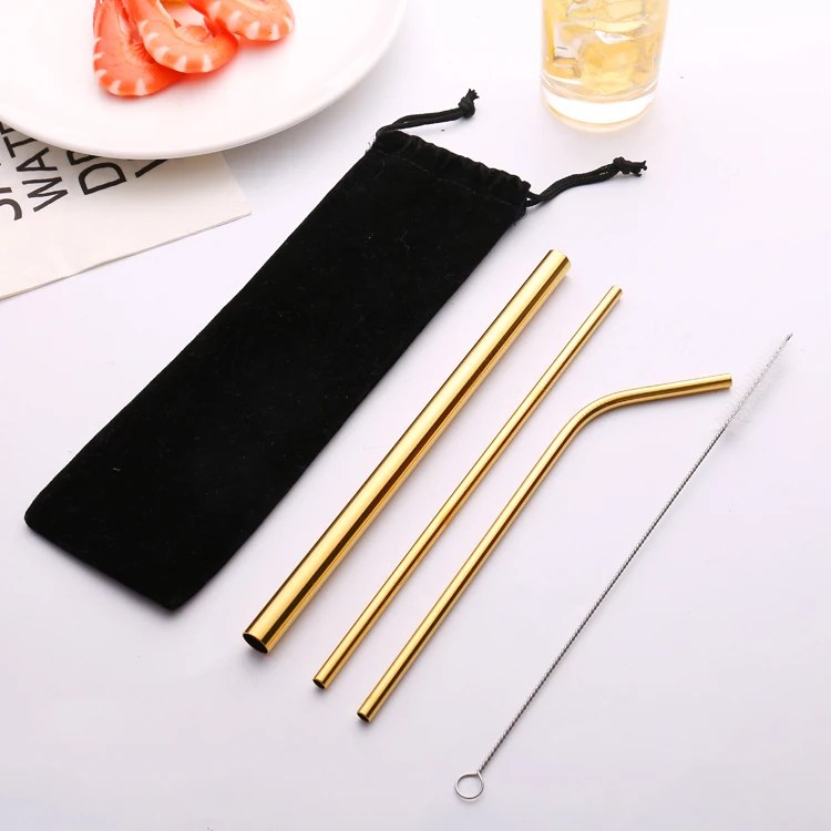 Wholesale eco friendly Reusable 3PCS Stainless Steel Drinking Metal Straws Set With Brush