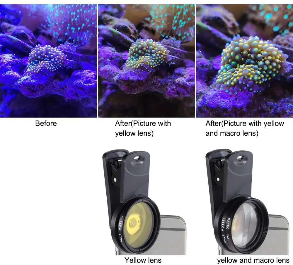 Universal Clip External Mobile Camera Cover Coral Lens 37mm 52mm Aquarium Orange Yellow Filter Lens Kit
