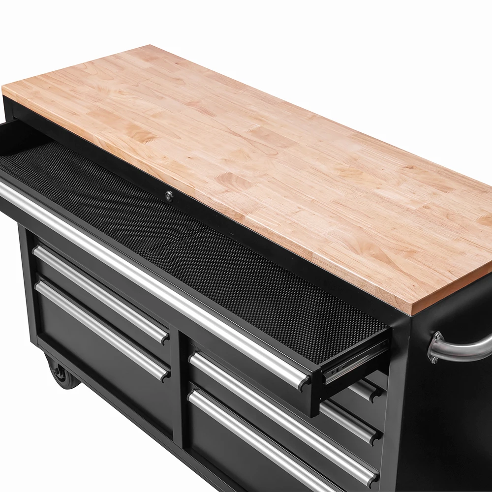 60 Inch  Black Coating Tool Chest on wheels tool storage system 6 Drawer Workbench with Solid Wood Top toolbox trolley