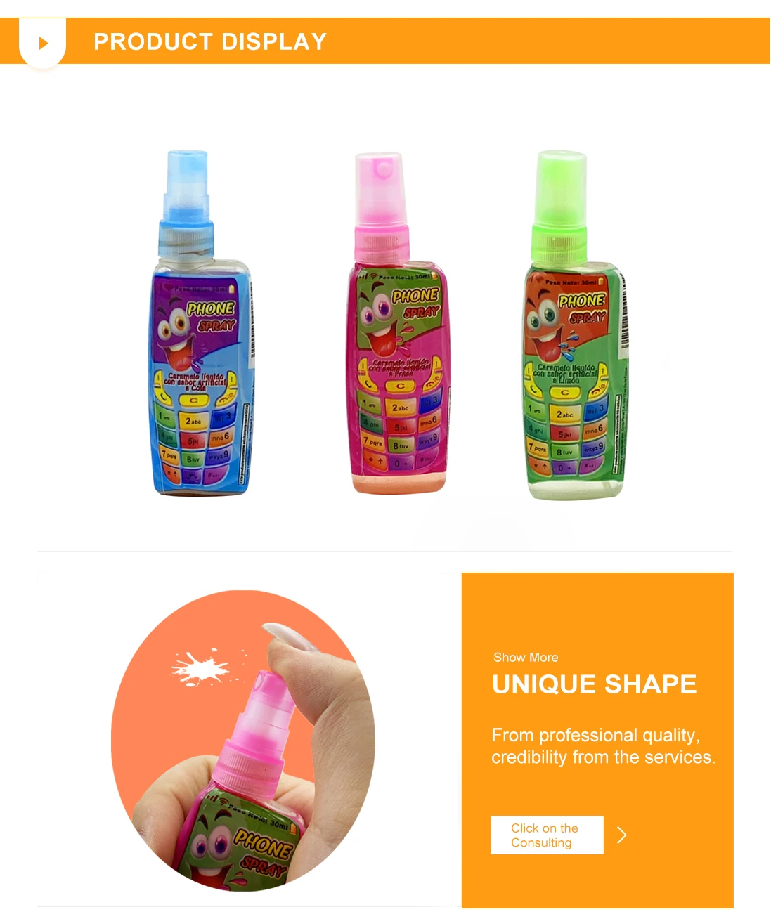 Factory Price Fruity Small Mobile Phone Shape Liquid Candy Sweets and Candies Wholesale Spray