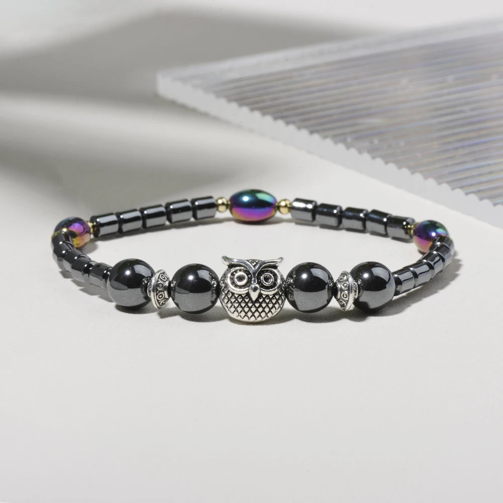 Wholesale Beaded Bracelet Black Stone Crystal Beads Hematite Beads Owl Stretch Bracelet for Women Men