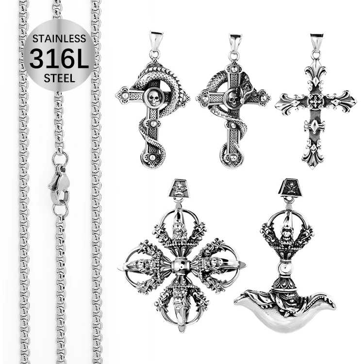Fashion Jewelry Sickle Pendant Stainless Steel Dragon Cross Punk Vintage Cross Pendant Necklace