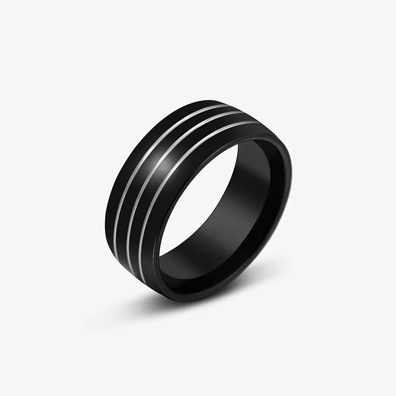 New Hot Sale Black Three Line Titanium Steel Ring Fashion Simple Stainless Steel Ring