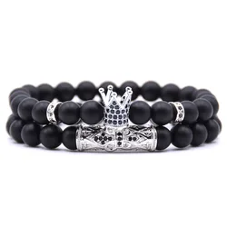 2Pcs/Set Natural Stone Man Classic Matte Black Bracelets Popular Pave CZ Small Crown Beaded Bracelet