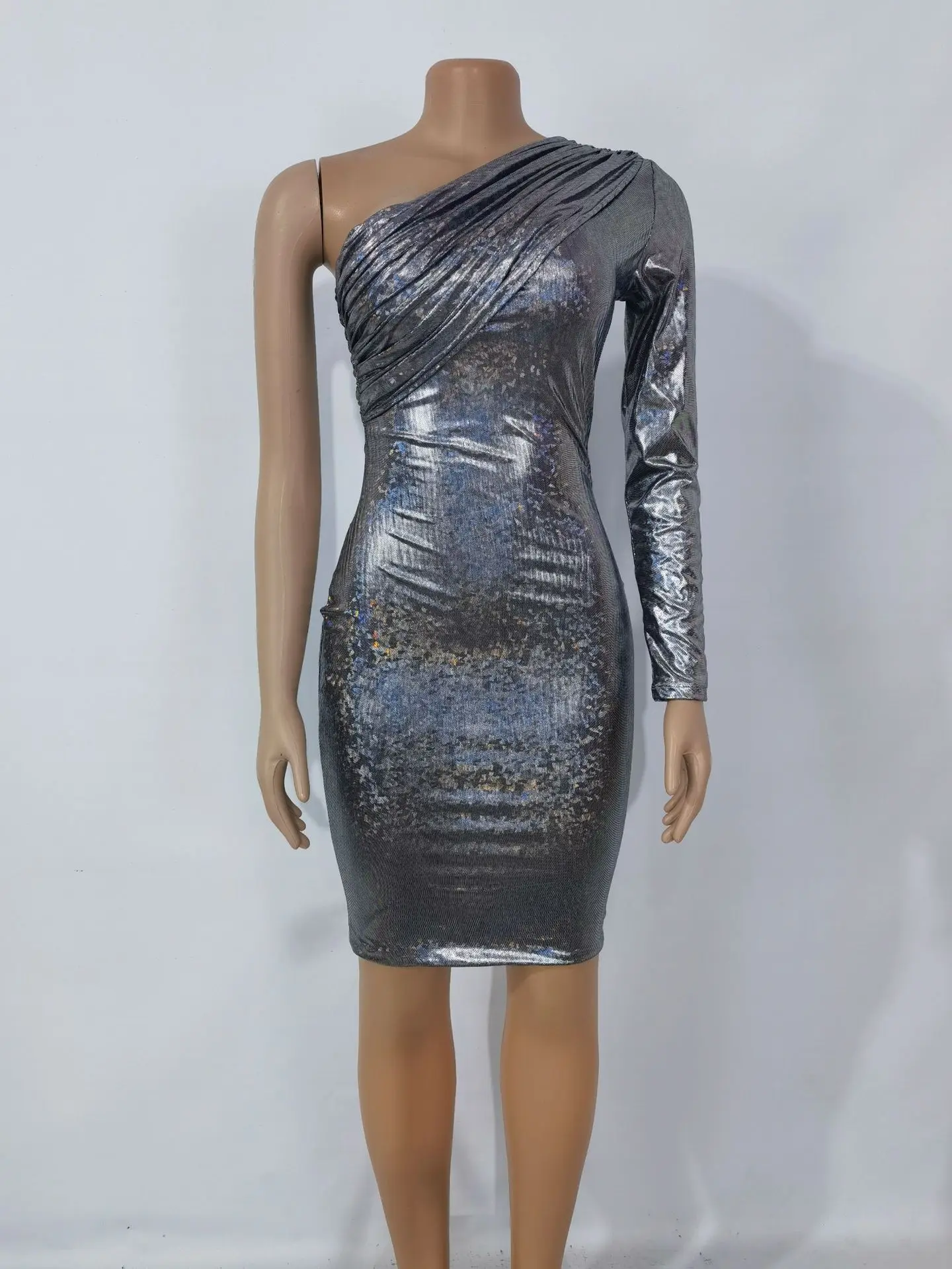 2022 Fashion New Arrival Spring Dress Robe ruched tight glossy one shoulder night club casual women mini prom dresses