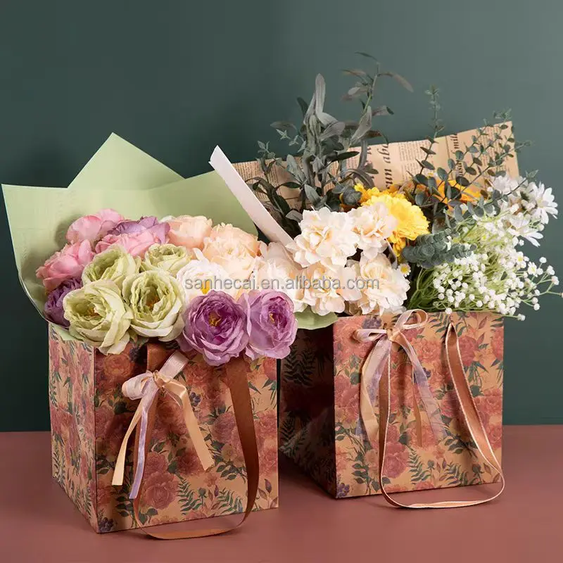 Handmade Retro Rose Kraft Paper Bag for Clothing Store Facia Mask Shoe Box Packaging Custom Logo Digital Printing for Gift Bag