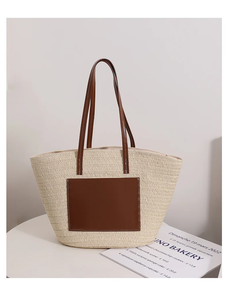 Extra Large Straw Woven Beach Bag Shoulder Bag Boho Straw Handle Tote Retro Paper Straw Bag With Pu Handle