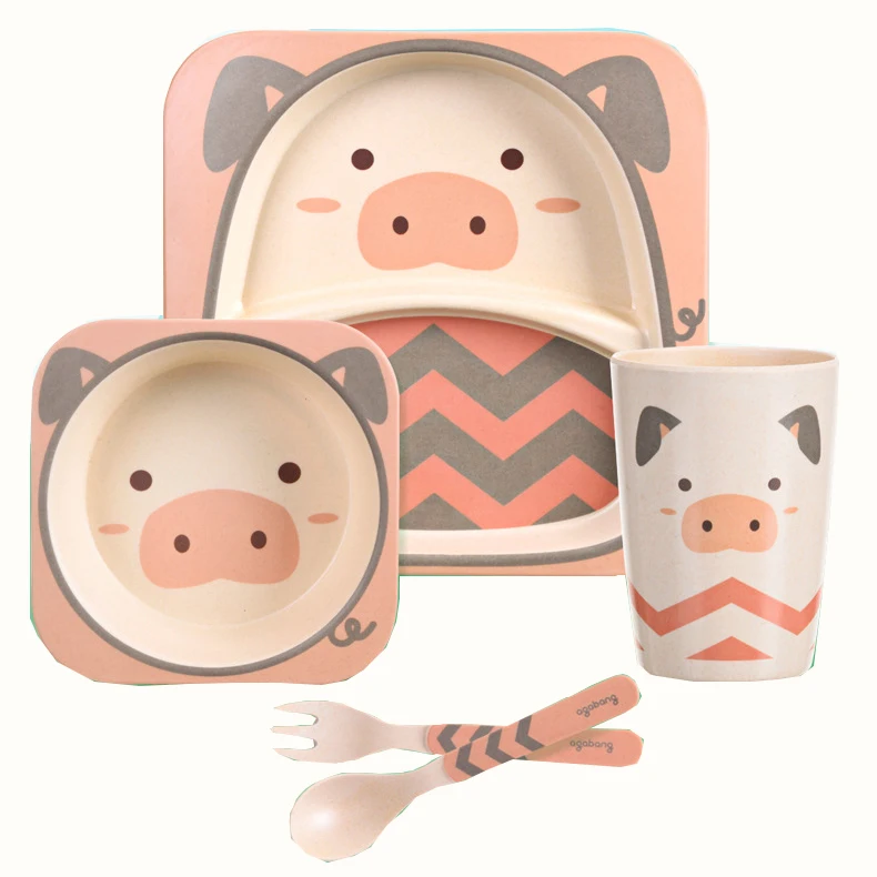 5pcs Sets Bamboo Cartoon Pattern Custom Plate Fiber Children Dinnerware Set