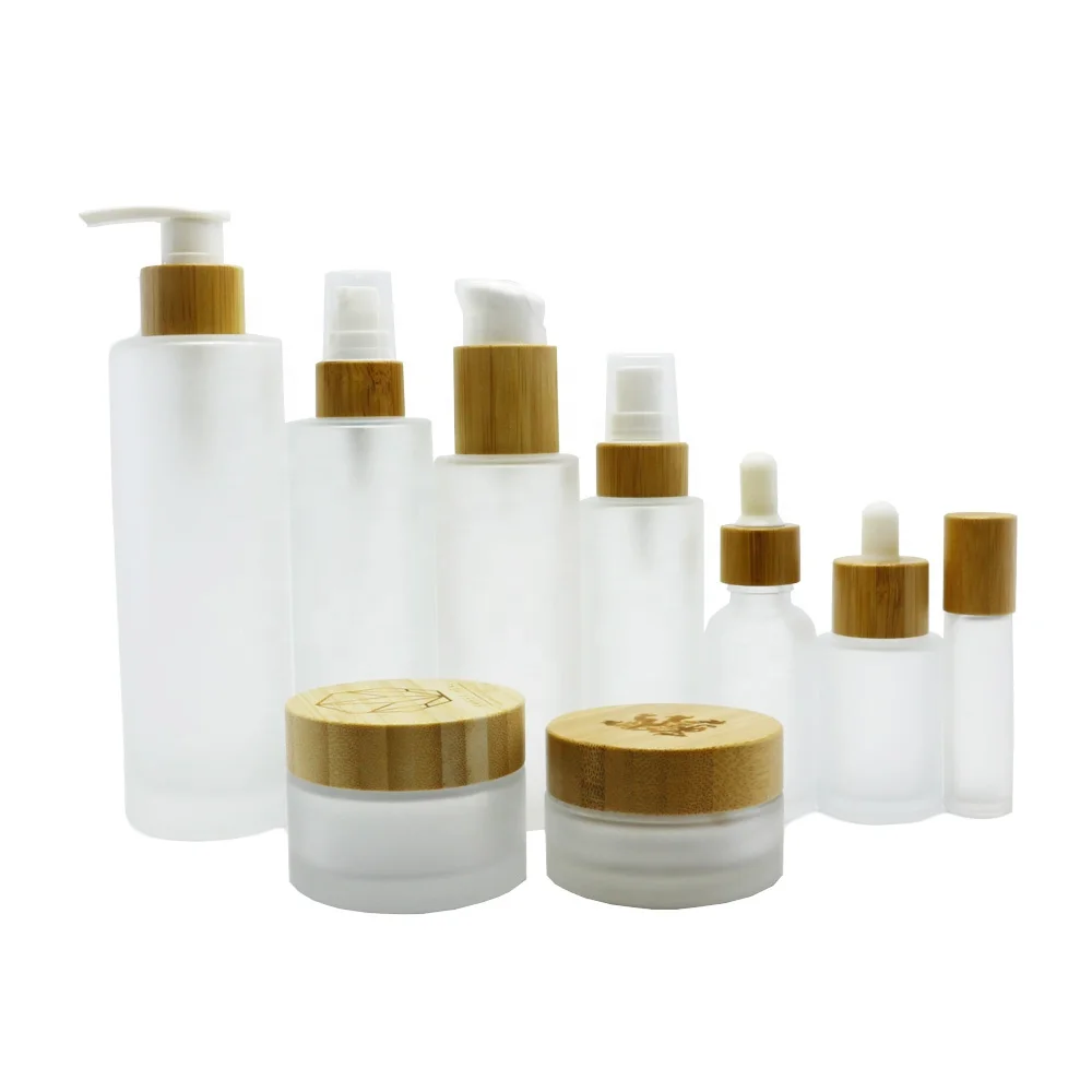 Empty wholesale clear frosted cosmetic bamboo packaging cream jar and bamboo lotion pump bottle roll on bottle BGJ-888S